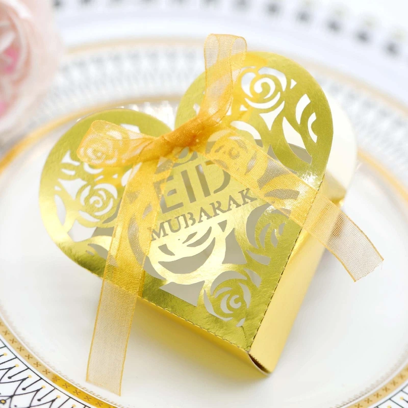 

50pcs Eid Mubarak Gift Candy Box Ramadan Decoration Rose Hollow Heart Chocolate Biscuit Cookie Boxes Wedding Party Favor