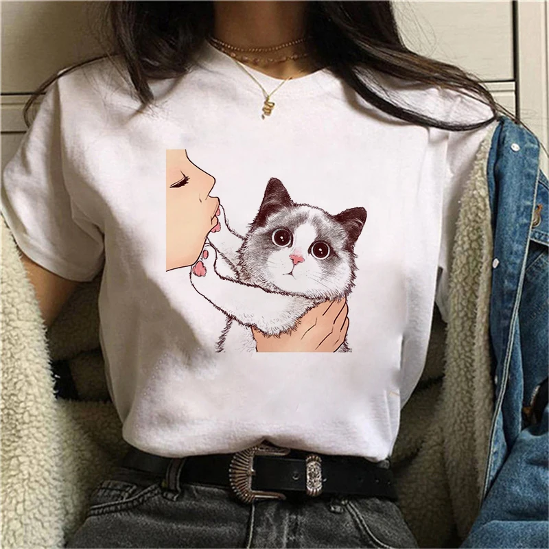 

Vintage Women T-shirt Kiss A Cute Cat Printed Tshirts Casual Tops Tee Harajuku 90s White Tshirt Harajuku Female Clothing