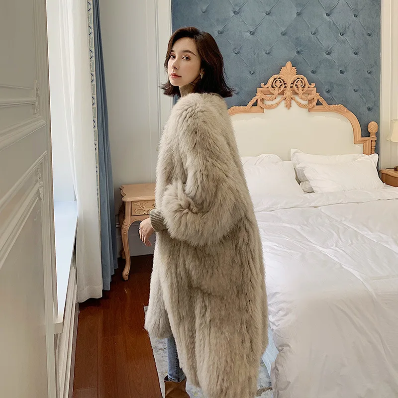 Vintage Real Fox Fur Double Side Knitted Long Coat Women Natural Fue Bat Sleeve Loose Jacket Female Thick Warm Overcoat Milk Tea