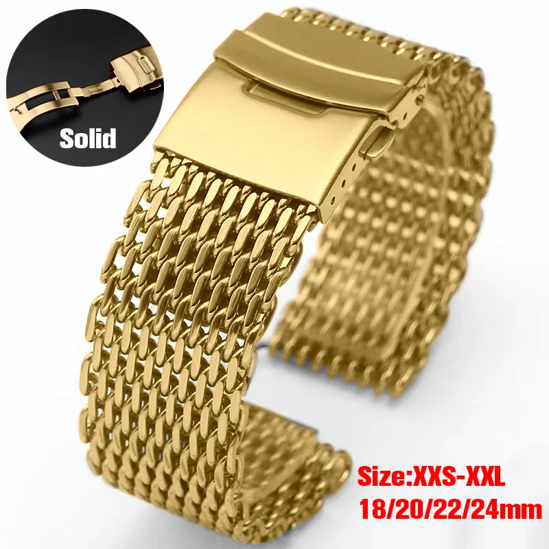 18/20/22/24mm Solid Mesh Stainless Steel Strap for Seiko SKX007 Diver Shark Adjustable Watch Band for Rolex Men Gold Bracelet