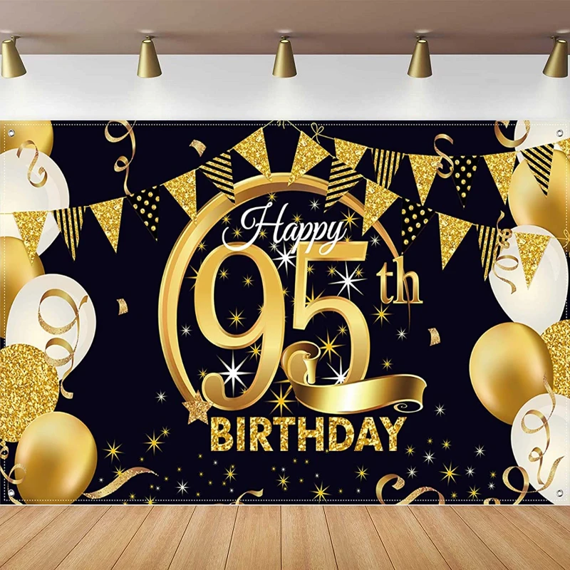 

Photography Backdrop Black Gold Sign Balloon Poster For 95th Birthday Anniversary Party Decor Photo Booth Background Banner
