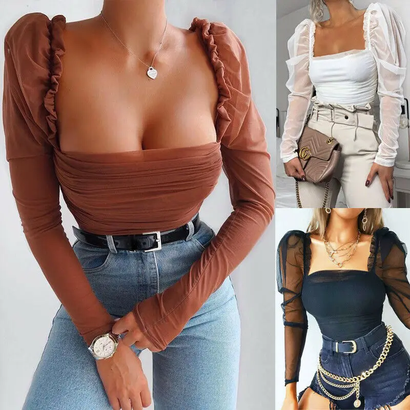 2022 Spring Autumn Blouse Women Sexy Casual Mesh Sheer Patchwork Puff Sleeve Ruched Blouse Square Neck Strapless Shirt