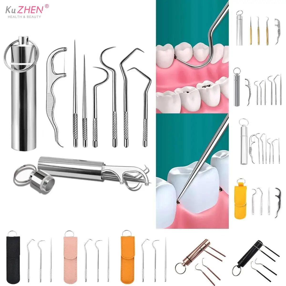 Portable Dental Tool Set Flossing Tooth Picking Tool Metal Stainless Steel Spiral Ear Pick Spoon Kit Oral Hygiene Tartar Removal