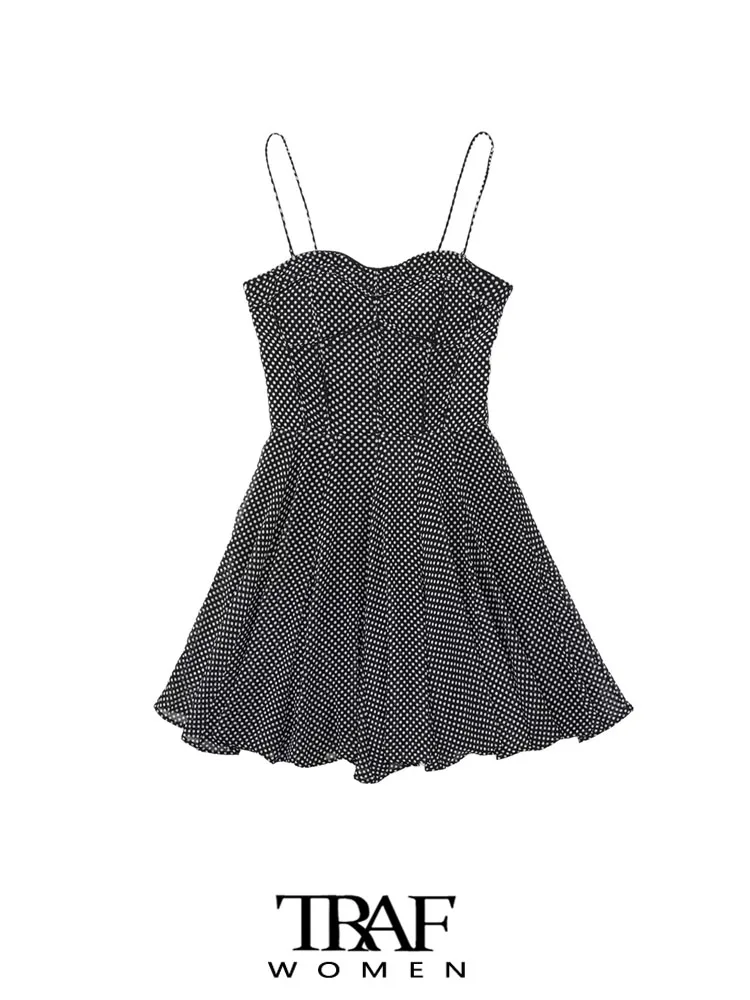 

TRAF Women Fashion Front Pleats Polka Dot Mini Dress Vintage Backless Zipper Thin Straps Female Dresses Vestidos Mujer
