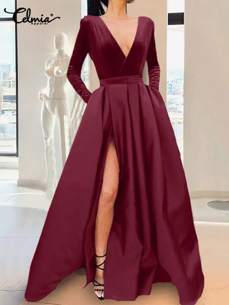 

Celmia Elegant High Slit Evening Party Vestidos 2022 Sexy Long Sleeve Velvet Long Dresses Fashion Women Deep V Neck Maxi Dress