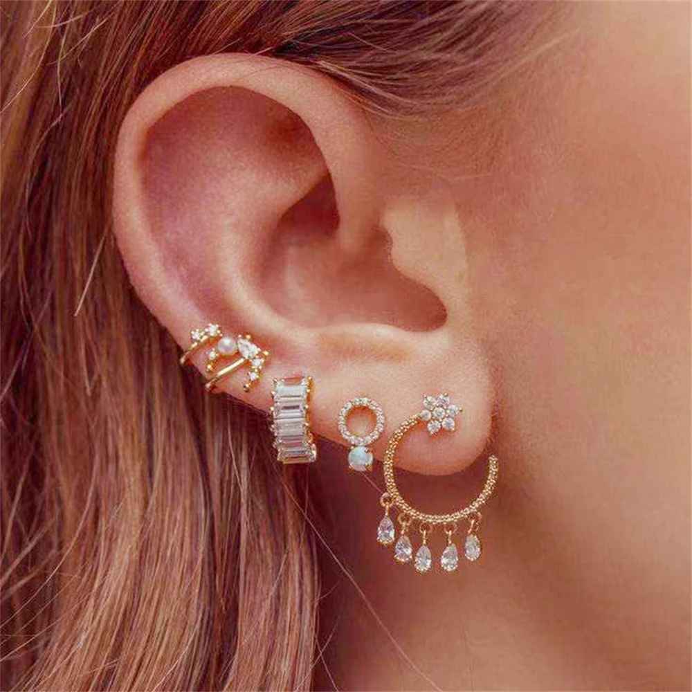 

Korean Gold Color Tassel Flower Earrings Set For Women Fashion Shining Zircon Ear Cuff Star Moon Stud Earring Party Jewelry Gift