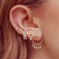 korean gold color tassel flower earrings set for women fashion shining zircon ear cuff star moon stud earring party jewelry gift