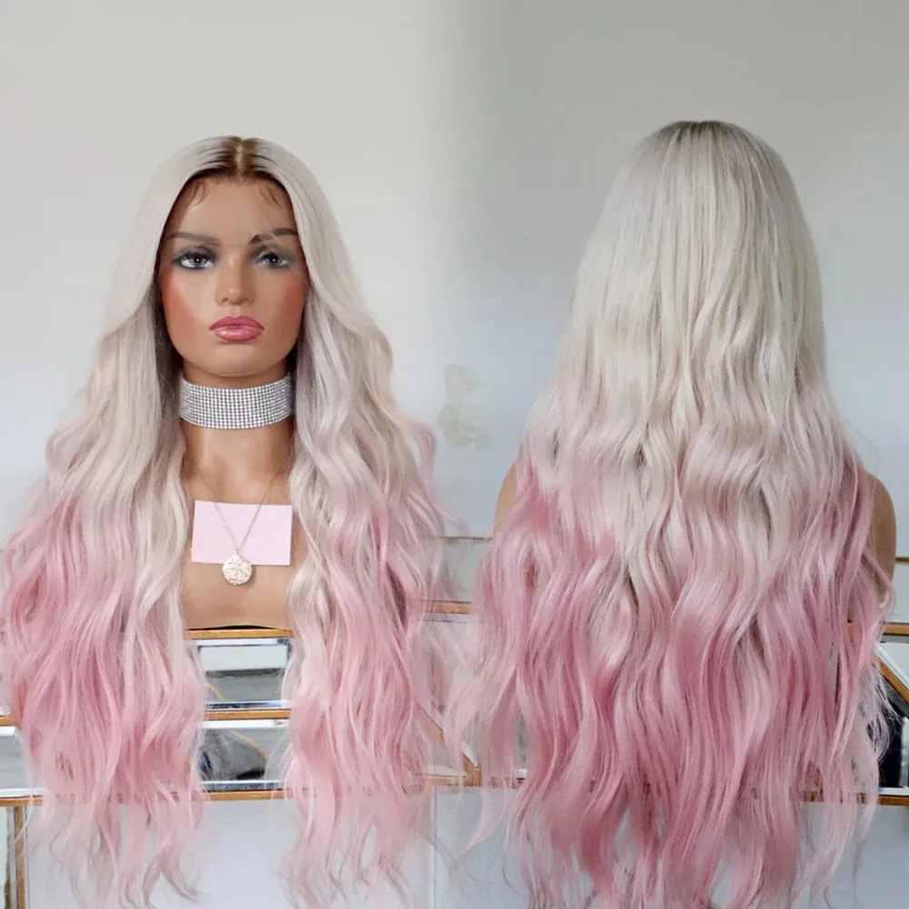 

Glueless Pastel Pink Ombre Platinum Blonde Lace Front Wigs Human Hair with Baby Hair Wavy Body Wave Full Lace Wigs Pre plucked