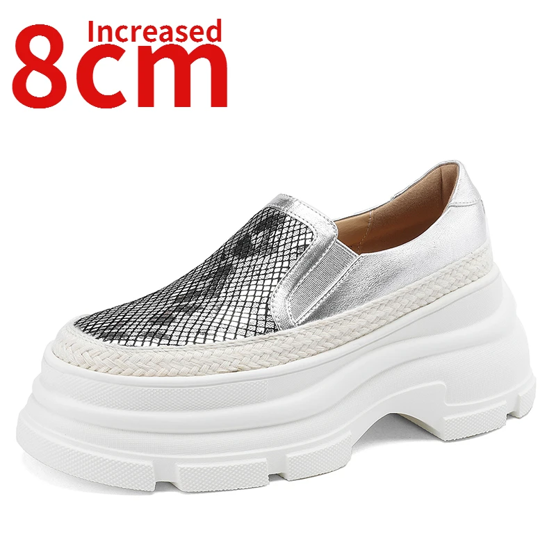 

Thick Soled Slip-on Shoe Women's Shoes Increase 8cm Casual Shoes Genuine Leather HandSewn Slope Heels Elevated Fisherman's Shoes