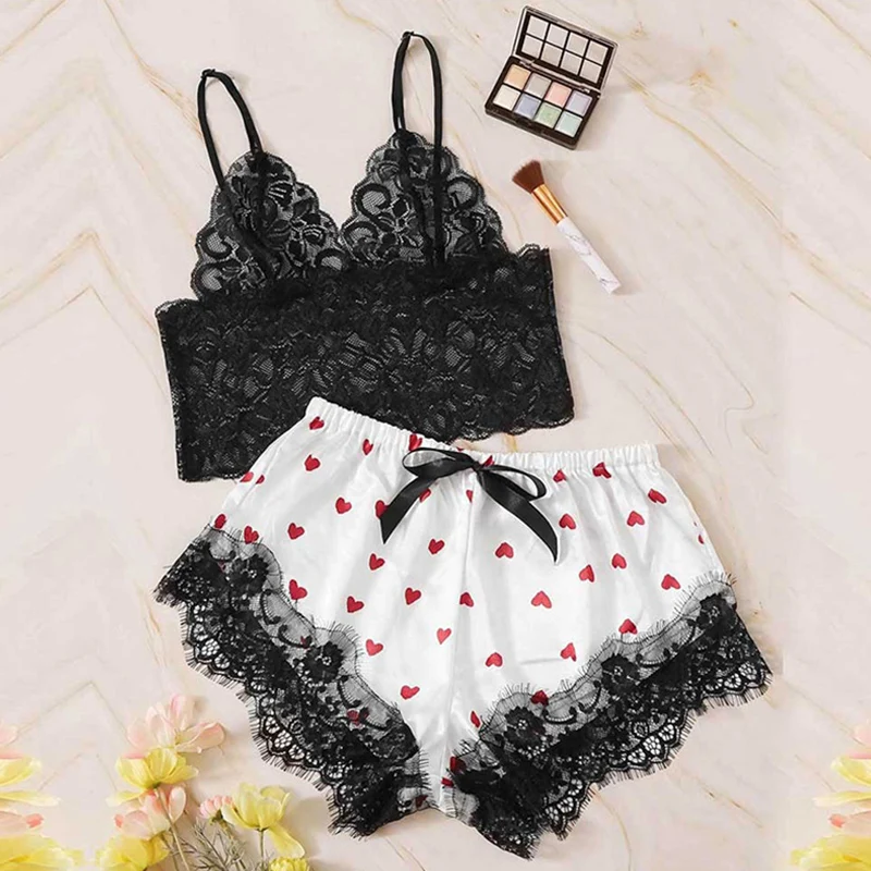 

Women Sleep Wear Suit Sexy Pjs Lingerie Satin Lace V-Neck Camisole Top+Shorts Set Sleepwear Pajamas Ladies Sleeveles Nightwear