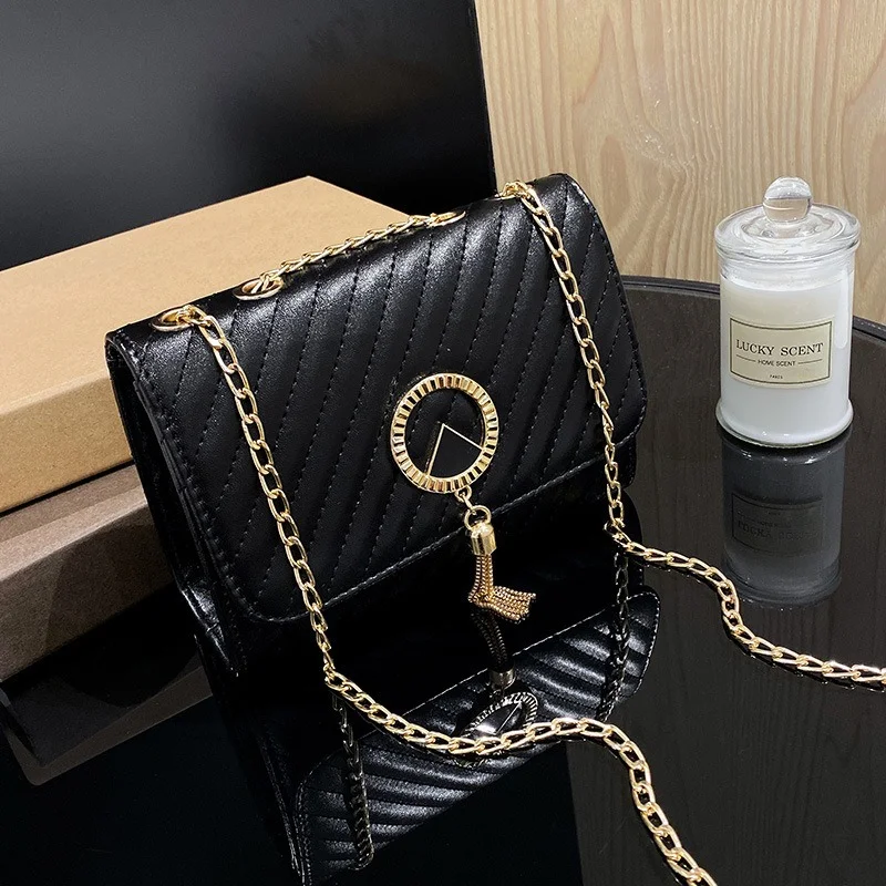 

Luxury Diagonal Stripe PU Leather Chain Crossbody Bags For Women Aesthetic Circle Tassel Shoulder Bag Ladies Purses and Handbags
