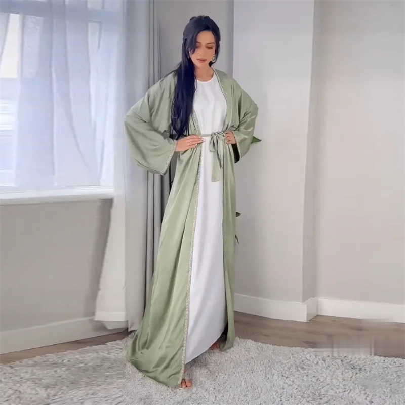 Two Pieces Kimono Abaya Set for Women Muslim Dubai Arab Solid Soft Satin Diamond Tape Trim Cardigan Robe and Vest Dress