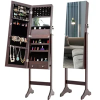 Jewelry Storage Cabinet Bedroom Furniture Makeup Dressing Table With Mirror Full Height Organizer Home Brown + MDF