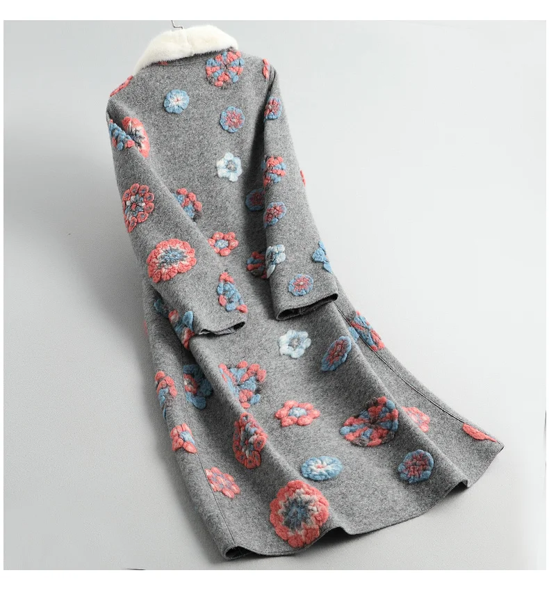 Winter Clothes Famale Long Casual Sheep Shearing Real Fur Coat Women Mink Fur Collar Fashion 3D Print Floral Jacket Parkas Top