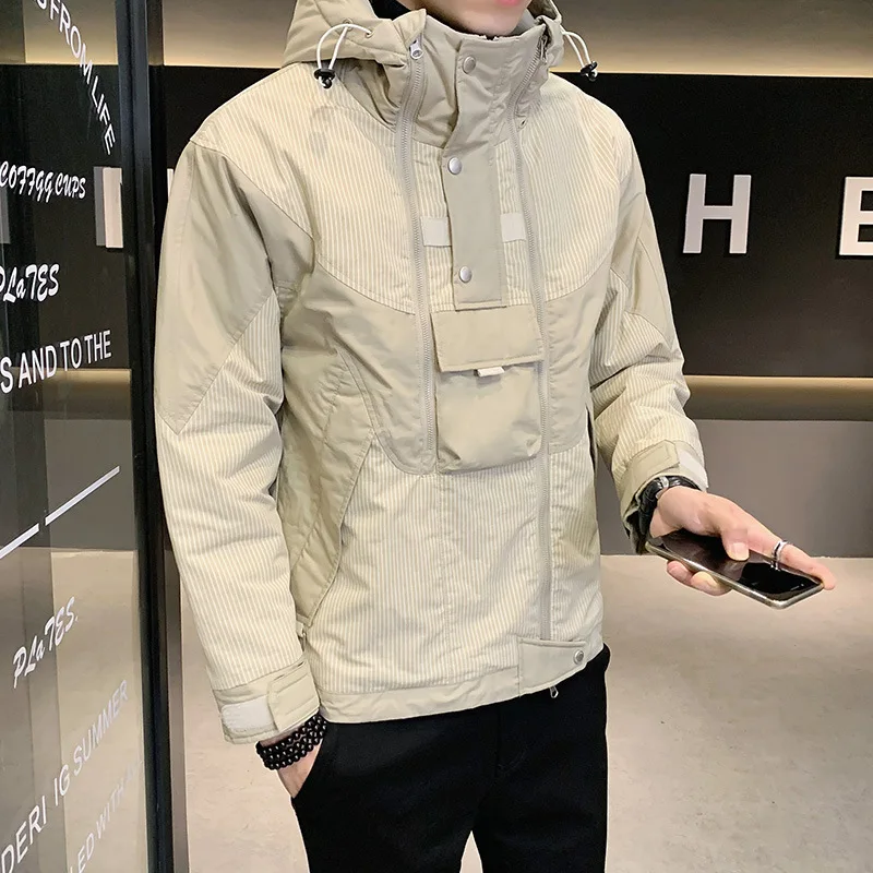 Jacket Men's Autumn Clothing Tooling Cotton Thick Jacket Winter 4XL Outwear Hooded Coat Slim Parka Double Zipper Stripe Jaqueta