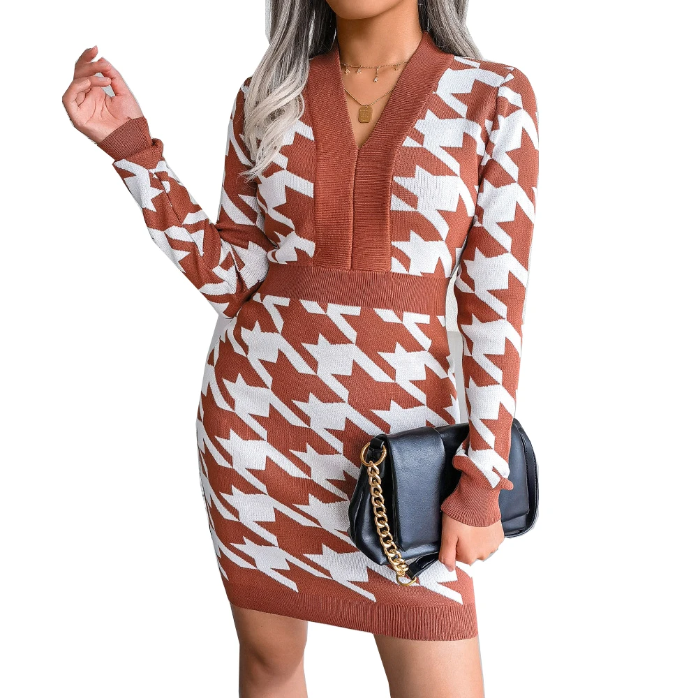 

CYDNEE eleagnt Houndstooth Bag Hip Skirt Knitted Dress Thicken Slim Knitted Pullover Lone Sleeve Deep V-neck Sexy Dess