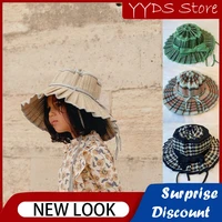 parent child foldable straw hat ins hot hand woven panama straw hat personality plaid bow decoration sunscreen children sun hat