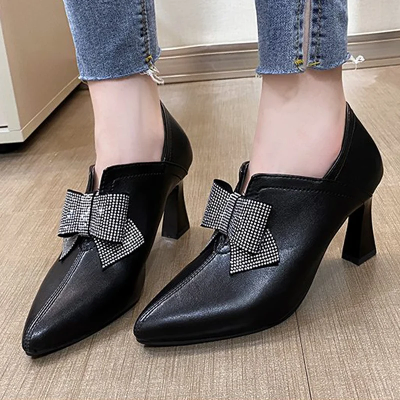 

Lucyever 2022 Crystal Bowknot Pumps Women Pointed Toe Slip On High Heels Shoes Woman Elegant Shallow Mouth Ladies Office Shoes