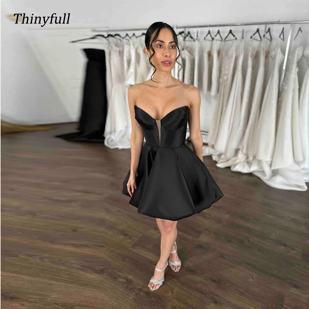 Тонкие черные трапециевидные Короткие атласные платья для дня рождения с