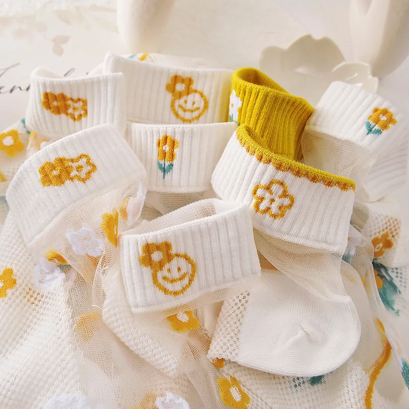 5 Pairs Summer Thin Cotton All-Over Transparent Sweet Mid-Tube Socks