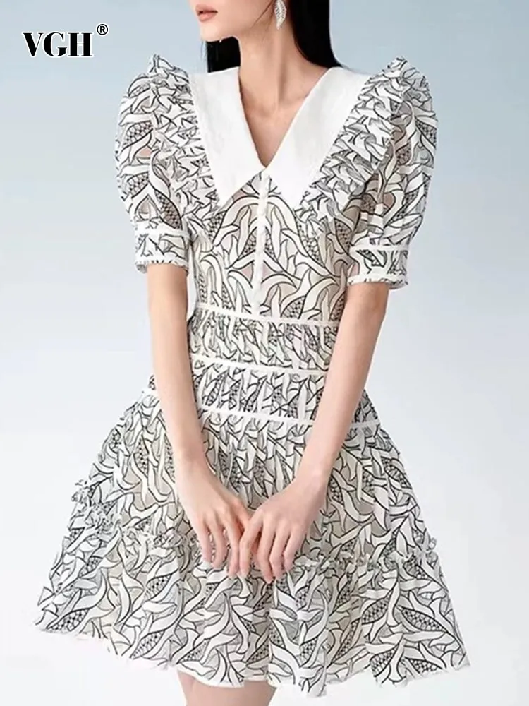 

VGH Hit Color Printing A Line Elegant Dress For Women Lapel Puff Sleeve High Waist Patchwork Ruffles Temperament Dresses Female