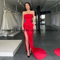 boat neck red asymmetrical evening dresses sleeveless jersey court train prom gowns 2022 new summer vestidos de fiesta zipper