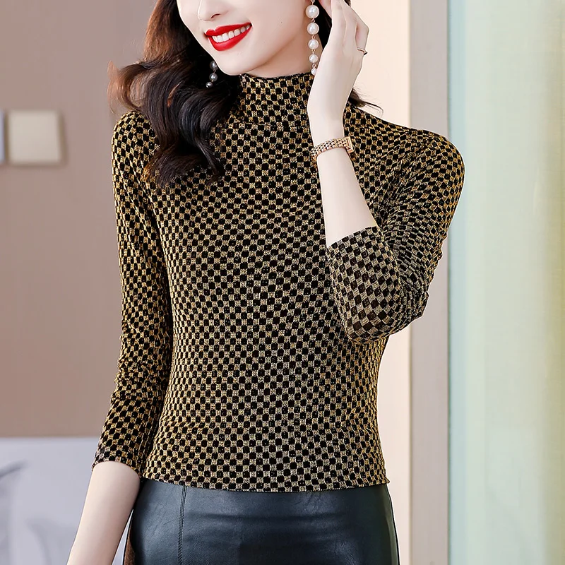 

#1645 Водолазка женская яркая шелковая футболка с длинным рукавом Элегантная офисная винтажная тянущаяся женская футболка в клетку яркий шелк