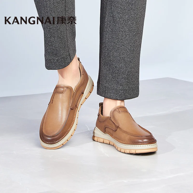 

Kangnai Loafers Men Shoes Sewing Cow Leather Round Toe Flats Black Anti-Slip Casual Shoes Outdoor Comfortable Male Slip-On