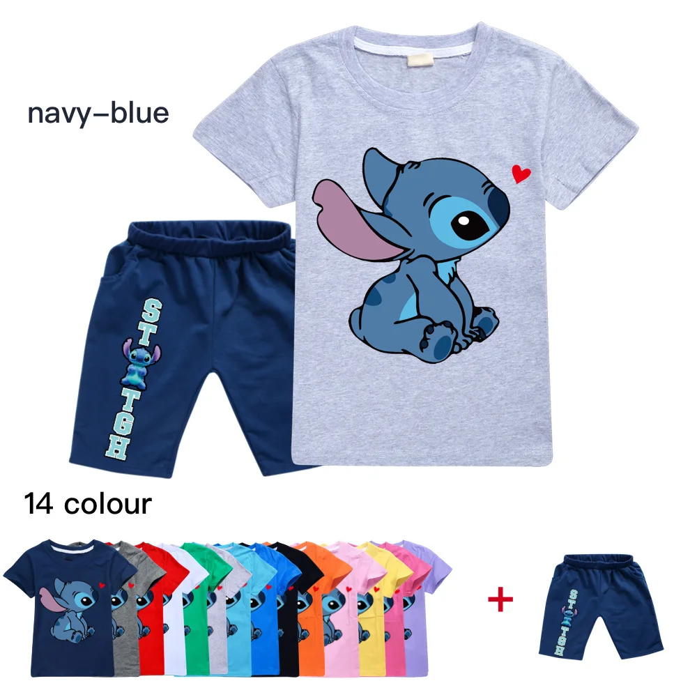 

2022 New Summer Stitch Kids Cotton T-Shirt + Pants Tracksuit Fashion Kids Baby Boy Teen Girl Suit 2 Piece Set 2-16 Years Old
