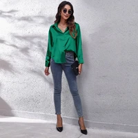 satin long sleeved shirt solid color new style womens clothing tops single breasted lapel straight cardigan urban leisure shirt