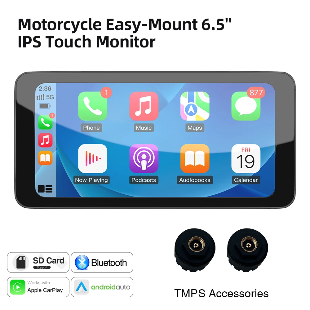 

6,5-дюймовый мотоцикл CarPlay Android Авто навигационный монитор Дисплей давления в шинах Портативный IPS-экран Водонепроницаемый AUX Bluetooth