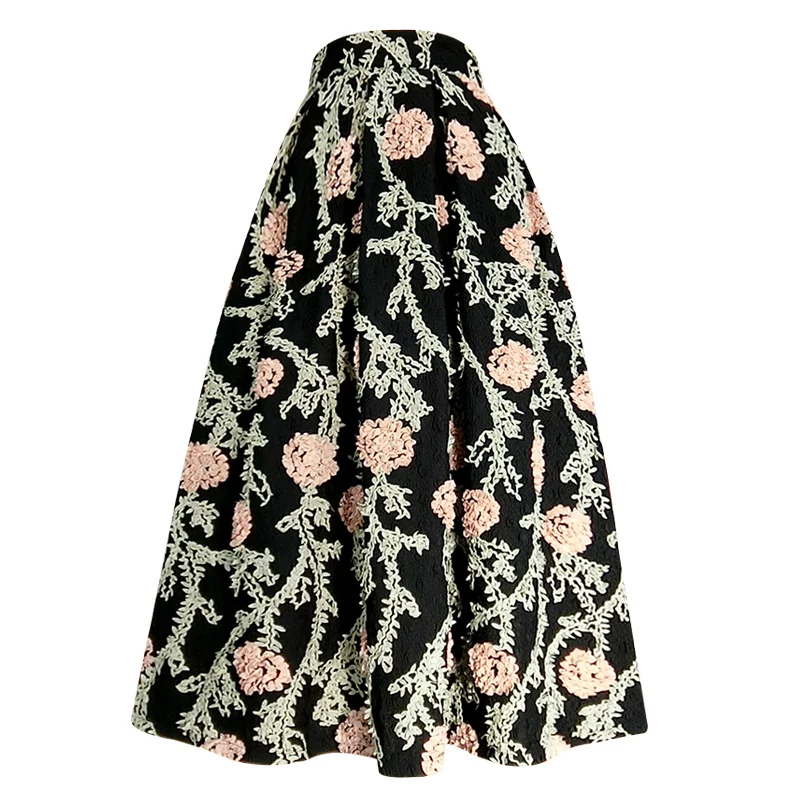 Spring New Vinatge Embroidered High Waist Ball Gown Jacquard Skirt Women Elegant Party Umbrella