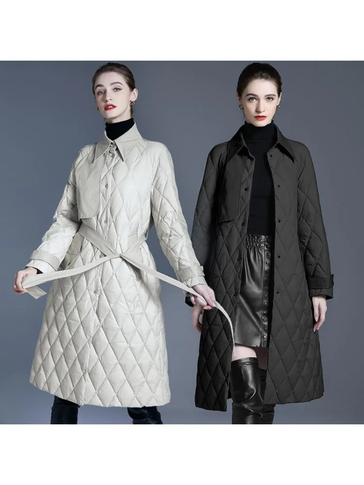 Europe 2022 Winter Fashion Long Lace Up Plaid Lattice Thin 90 White Duck Down Coats Women Black Single Breasted Warm Jackets
