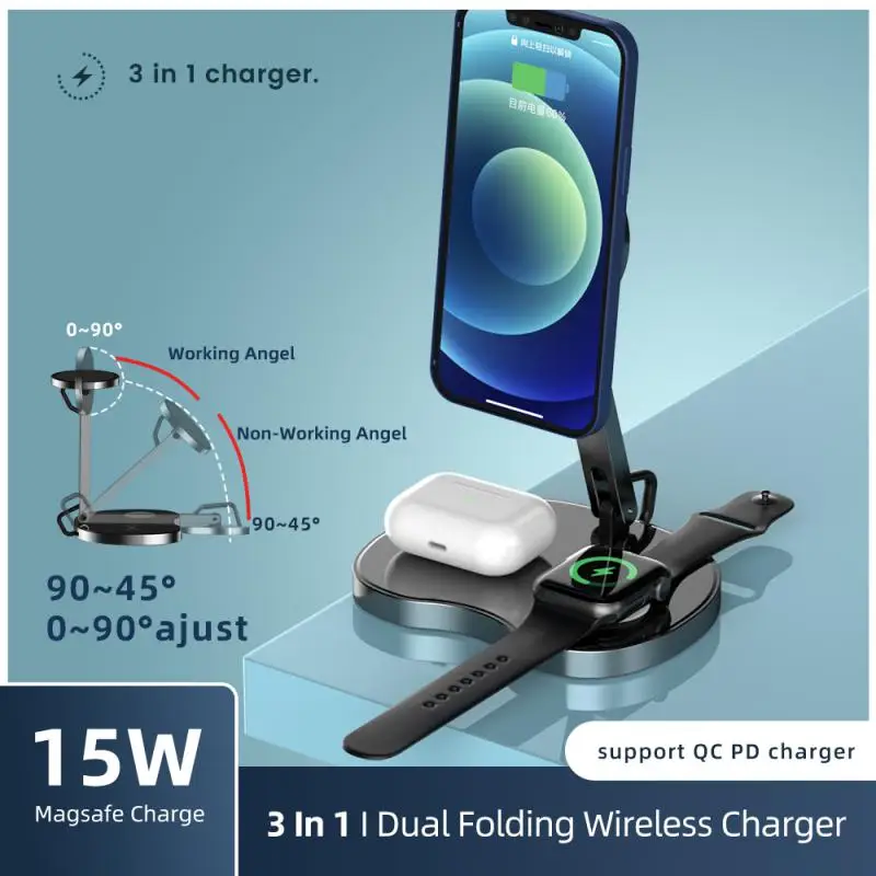 

Fast Charging Dual Folding Magnetic Corrosion Resistant Wireless Charger Stand Wide Compatibility 15w Charge Dock Station 3 In1