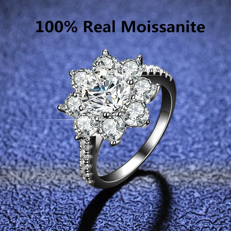 

Real Moissanite Luxury Sun Flower Ring 2 Carat Diamond Lotus Ring Women Fancy Wedding Rings Sterling Silver Jewelry Include Box