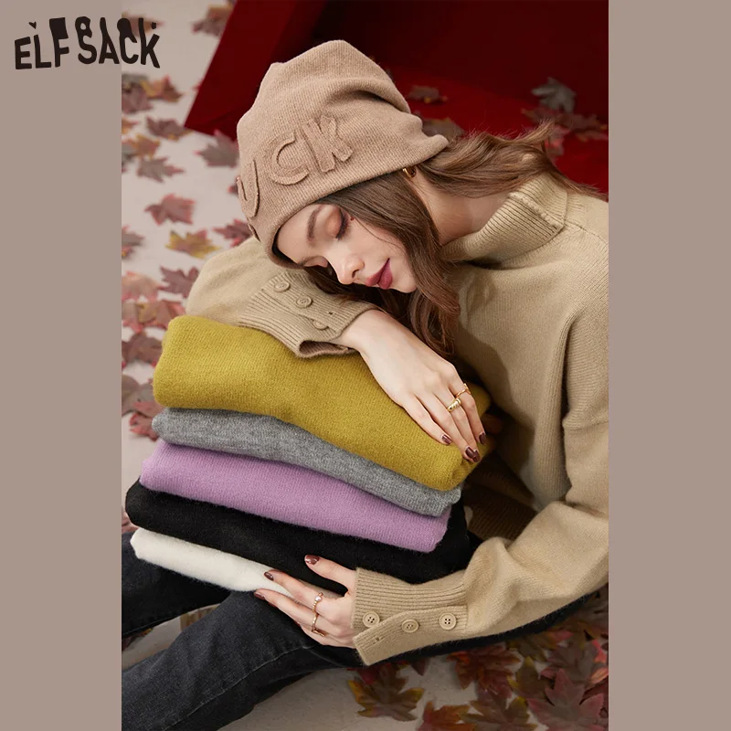 ELFSACK Turtleneck Pullover Sweaters Women 2022 Autumn/Winter Long Sleeve Basic Tops