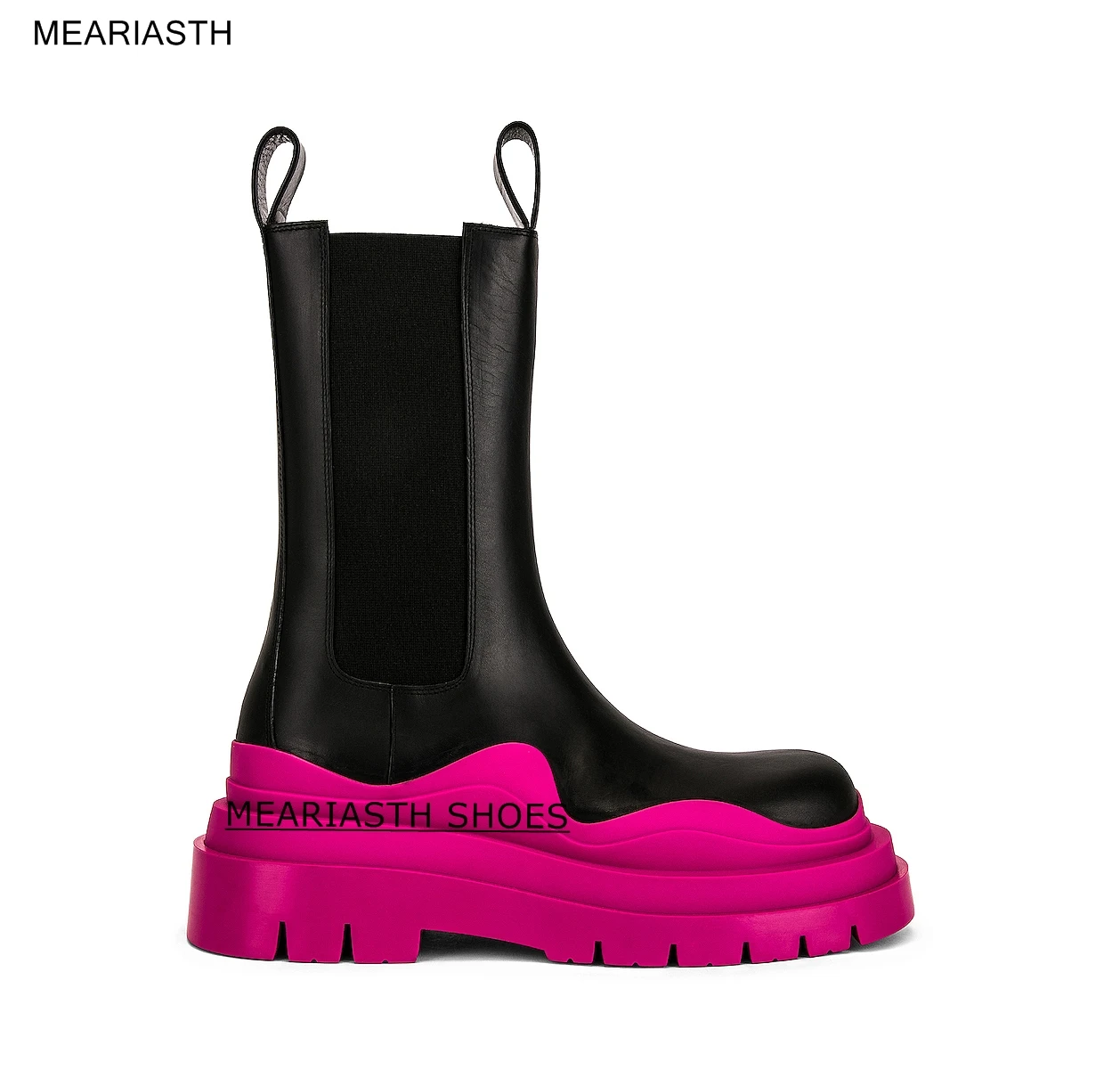 

Pink Green Thick Sole Women's Chelsea Boots Quality Leather Round Toe Mid-calf Boots Casual Motorcycle Boots 2021 Winter Boots