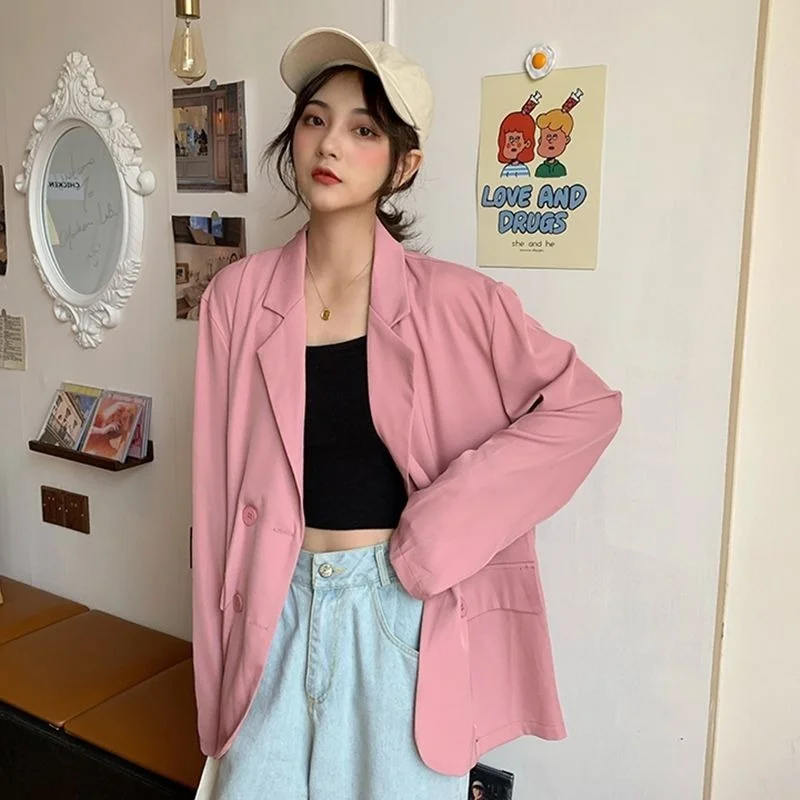 Korean Fashion Casual Office Blazer Chic Commute Suit Student Business Clothing 2023 Preppy Style Streetwear Solid Colors Jacket