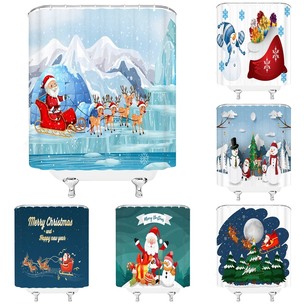 

Santa Clause Christmas Fabric Shower Curtain Waterproof Xmas Trees Cartoon Snowman Elk Winter Snowflake Bath Curtains Polyester