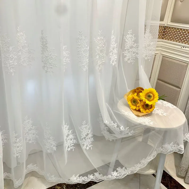

European Embroidered White Sheer Curtains For Living Room Bedroom Elegant and High End Window Decor Voile Flower Drapes Custom
