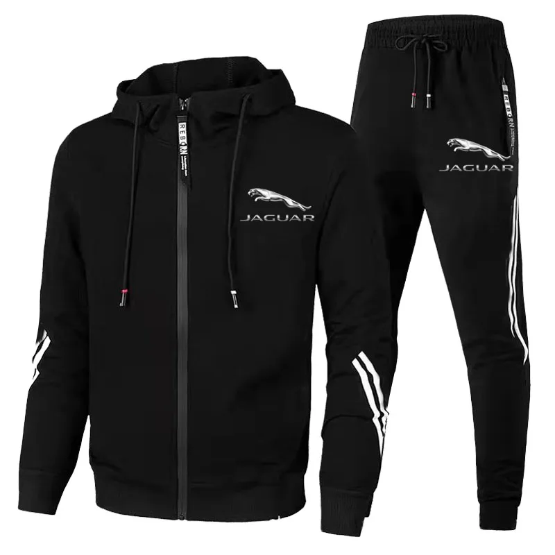 2023 New Tracksuit Men Jaguar Car Logo Print 2 Piece Sets Sportswear Zip Hooded Jacket Sweatshirt+Pants Gym Running Men Clothing