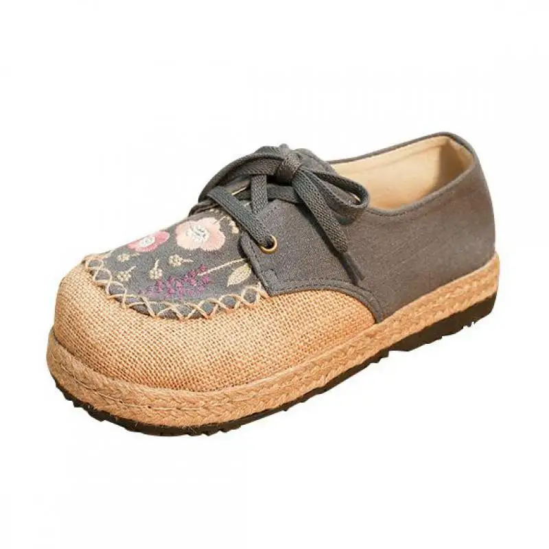 

Женские туфли на плоской подошве, дышащие удобные лоферы из хлопка и льна, с круглым носком, на шнуровке, весна-осень