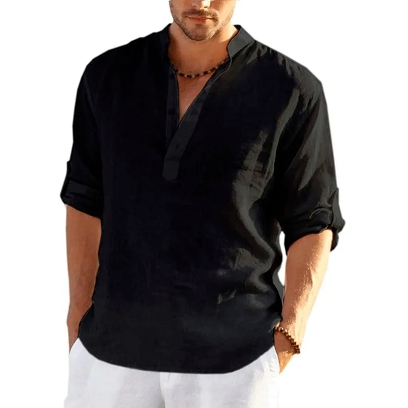 

Nowa męska lniana jednokolorowa koszula z długim rękawem koszula z mieszanki bawełny i lnu rozmiar
