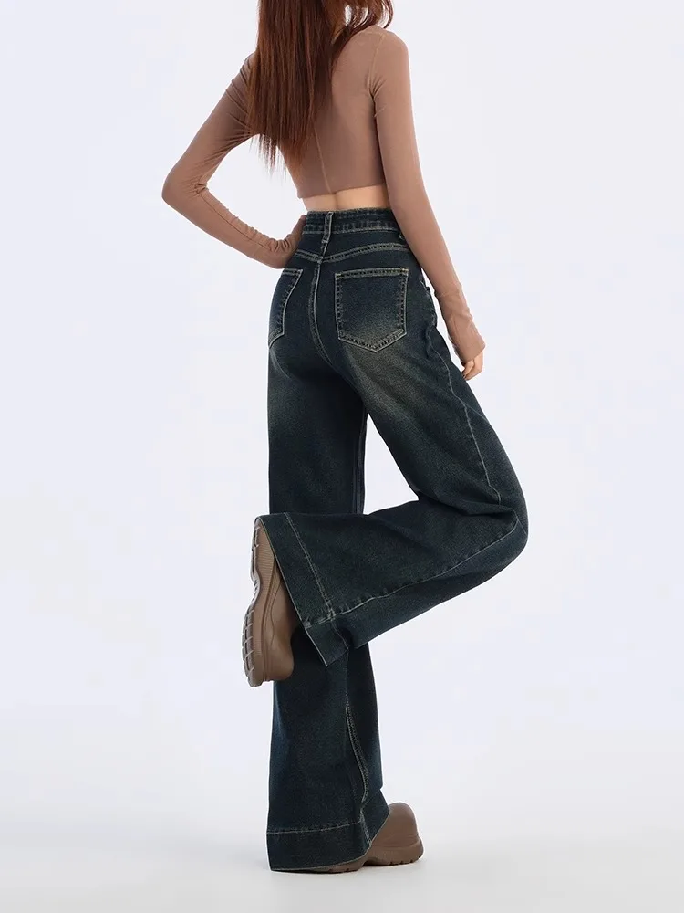 Idolera синие и серые широкие джинсы женские осень зима 2024 новые свободные брюки с