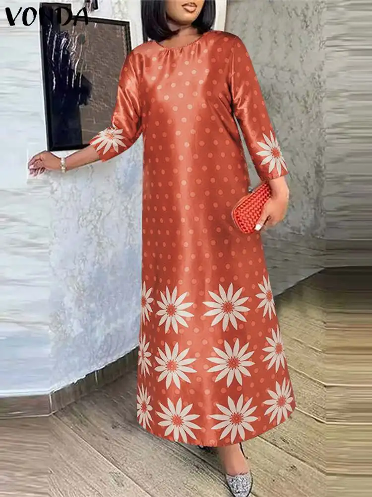 

Элегантное богемное женское атласное платье VONDA 2023, Осеннее длинное платье макси с цветочным принтом, повседневный свободный женский сарафан с рукавом 3/4