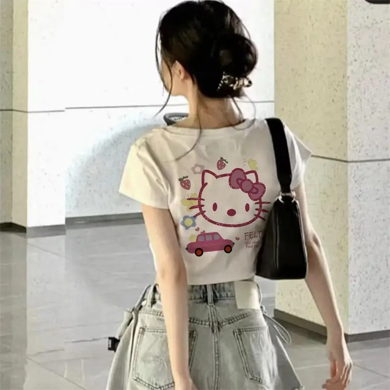 

Kawaii Sanrios Hello Kitty Print White Women's Short Sleeve Material Fabric Soft Pure Cotton Material High Waist Thin