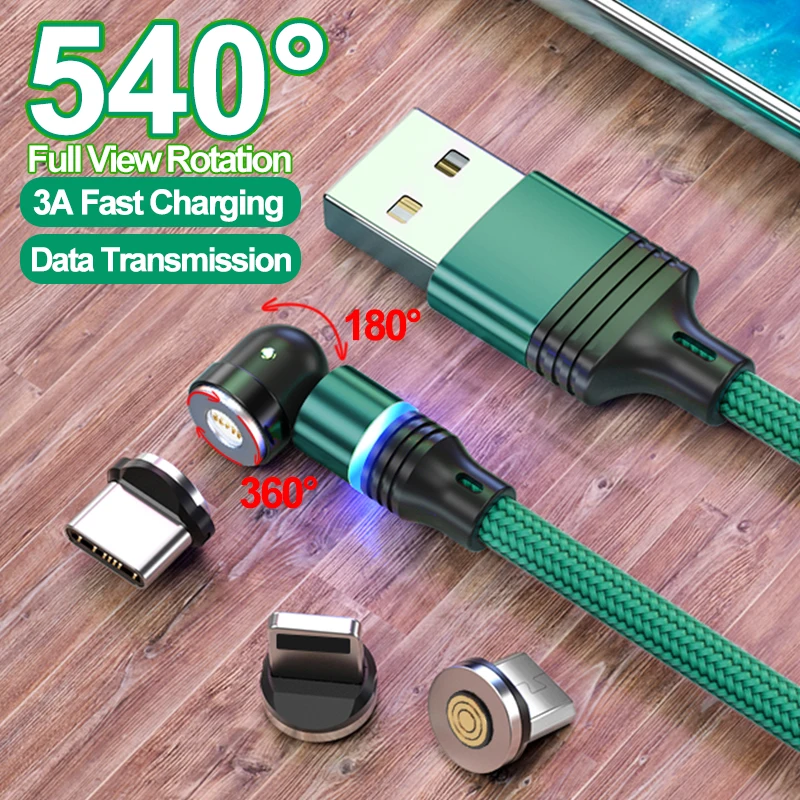 Магнитный зарядный кабель с поворотом на 540 градусов, 3 А, Micro USB Type-C, кабель для быстрой зарядки телефонов iPhone, Samsung, Xiaomi, шнур, провод для перед...