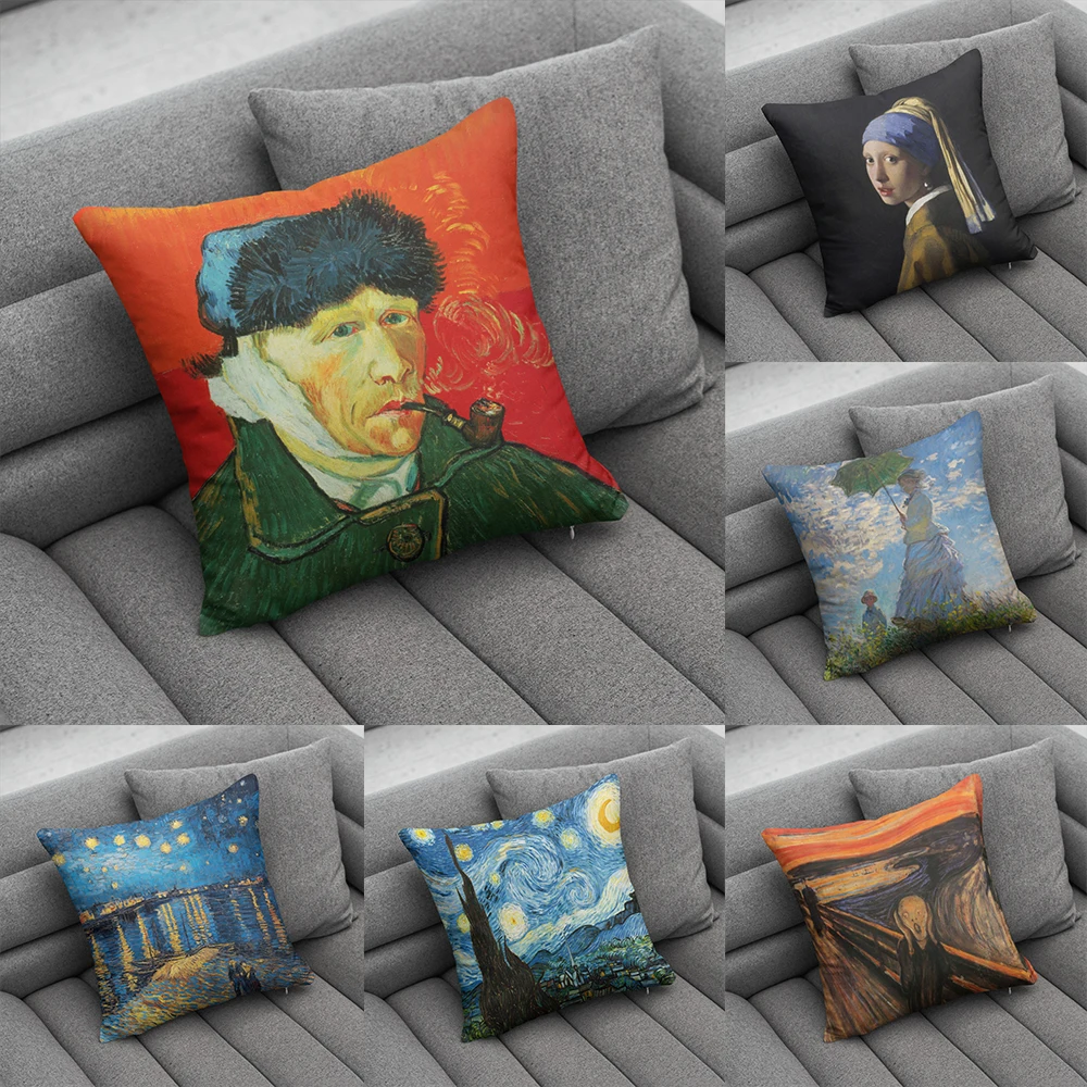 

Van Gogh Oil Painting Decorative Pillowcases Starry Sky Self-Portrait Sunflower Sofa Bedroom Bedside Double-Sided Cushion Cover