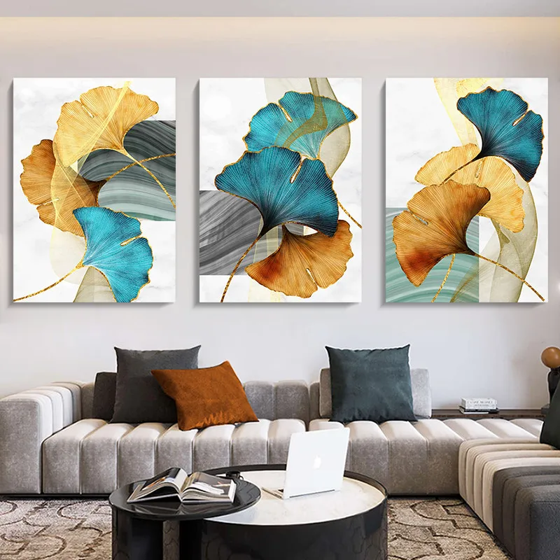 

Blue Green Yellow Gold Plant Leaf Abstract Poster Canvas Print Wall Art Painting Picture Living Room Decoration Home Decor