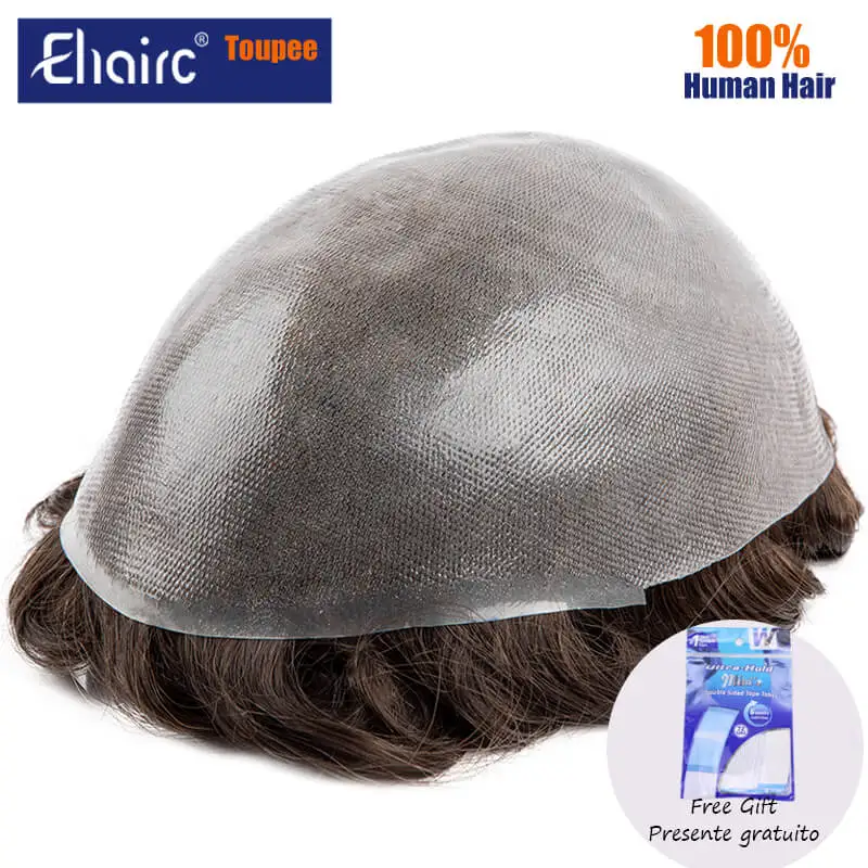 Male Hair Prosthesis 0.08mm Knotless Pu Toupee Men 7.5inch Durable Wigs For Men 100% Human Hair System Unit Capillary Prosthesis